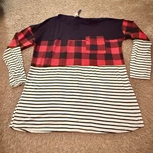 Lovely Souls Mixed Print Tunic Top Buffalo Plaid Stripes Red Black Small